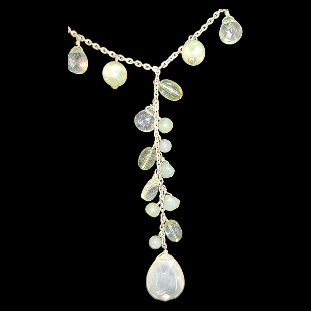 Green & White‎ Acrylic Y-drop Vine Necklace Silver Tone Signed VJ 18"-21"